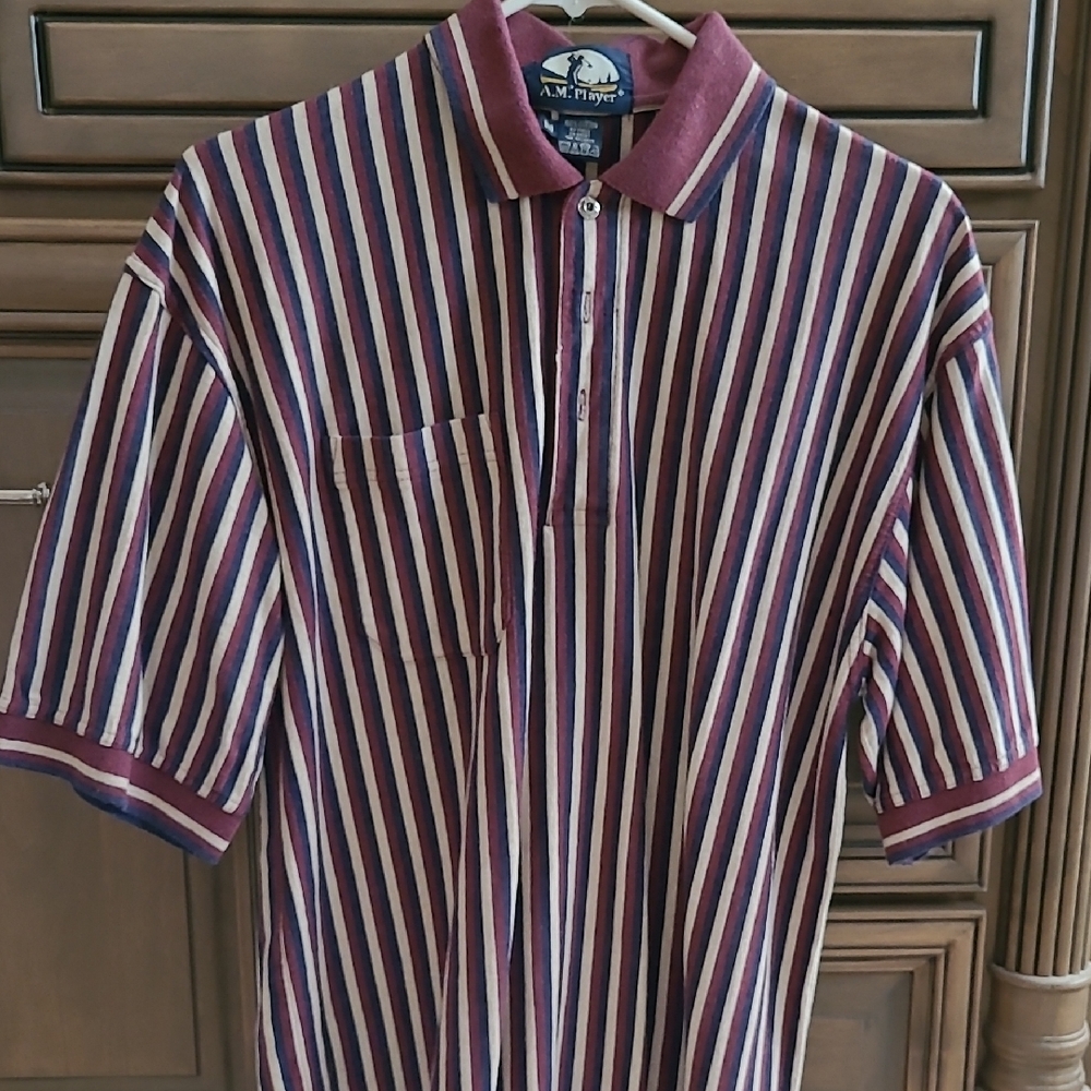 Men's Striped Polo Shirt - Burgundy and White